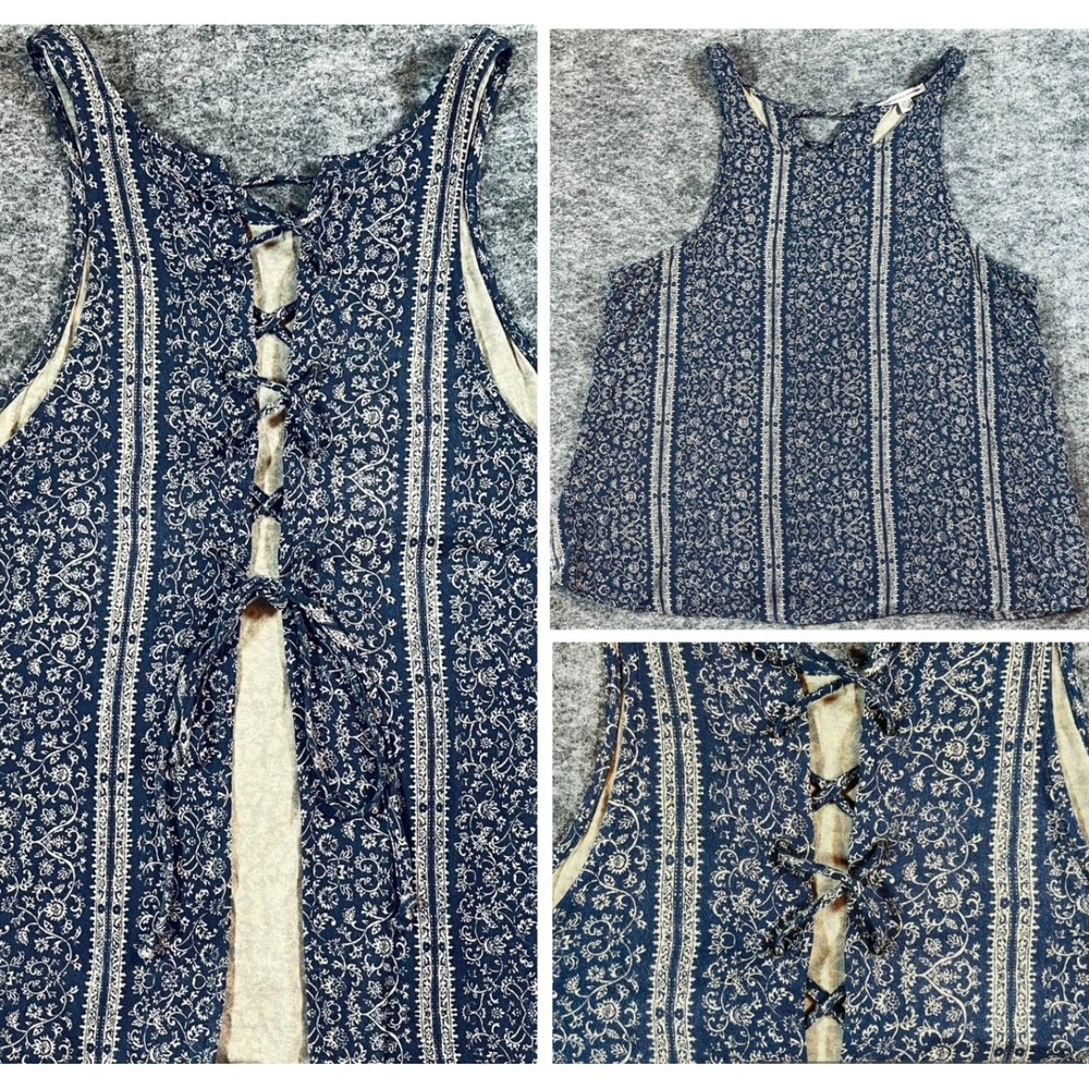 American Eagle Boho Tank Top‎ Womens S Navy Blue Lace Up Floral Festival Indie